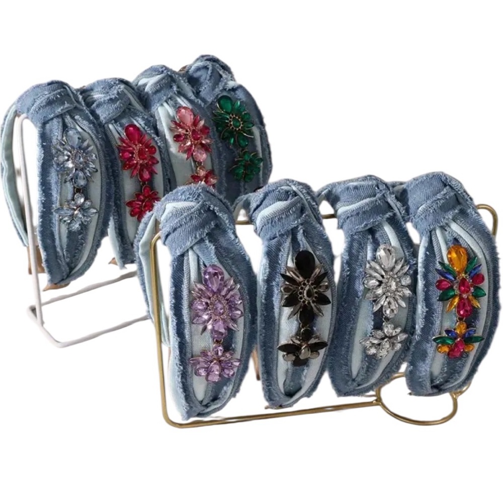 Colorful Rhinestone Embellished Denim Headband - Picture 2 of 3